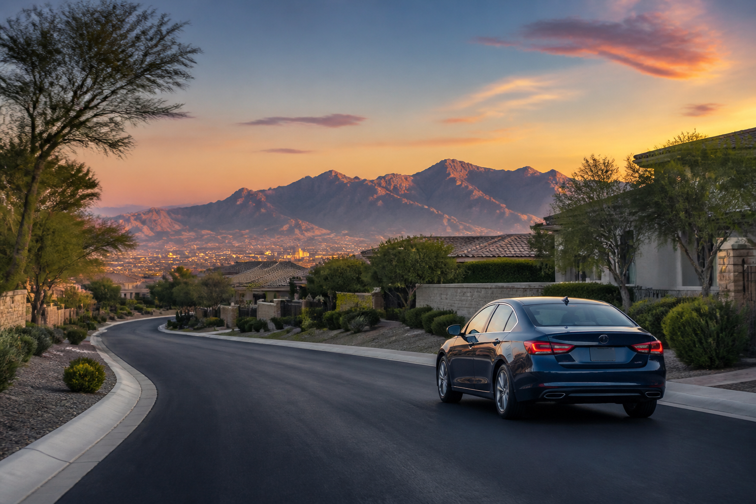 Dark blue sedan on a Las Vegas neighborhood street at sunset with desert mountains in the distance