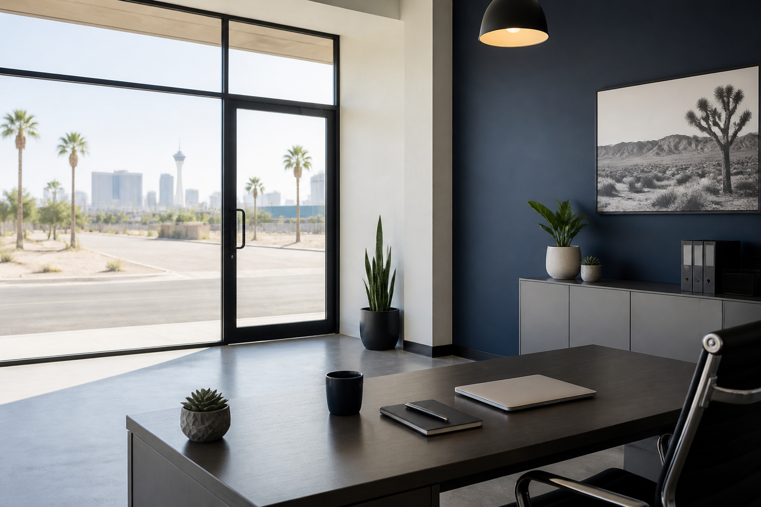 Modern small business workspace with a Las Vegas view through the windows