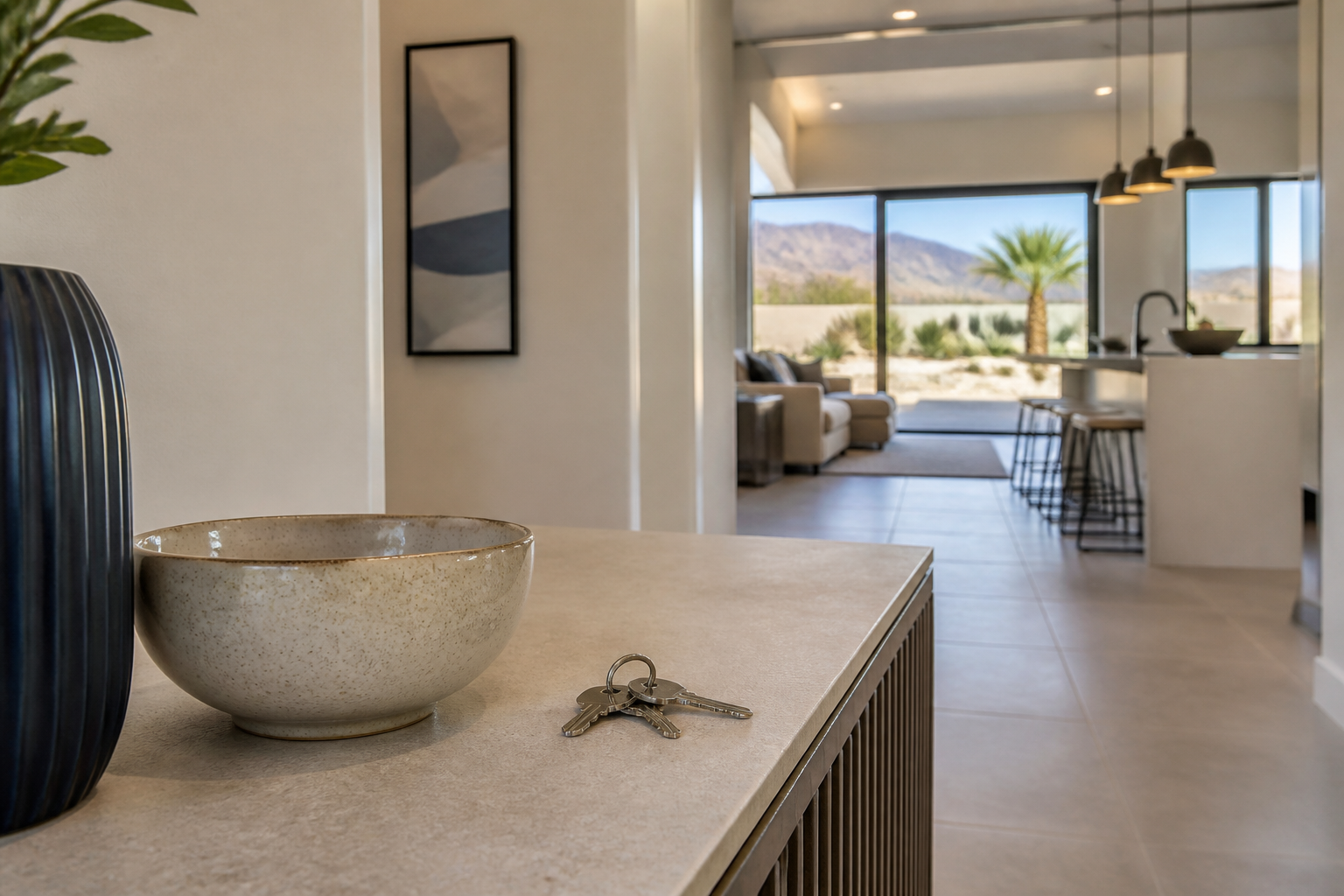 Modern Las Vegas home interior with keys on a console and desert mountains beyond the windows