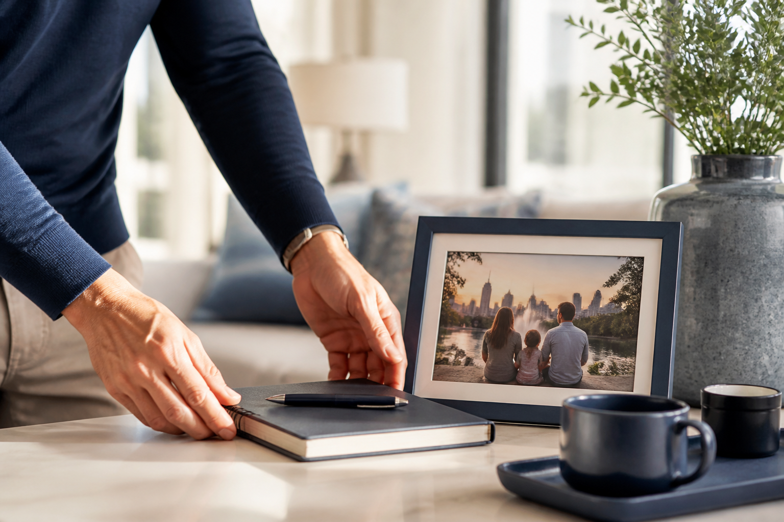 Hands arranging a notebook beside a framed family photo in a bright home