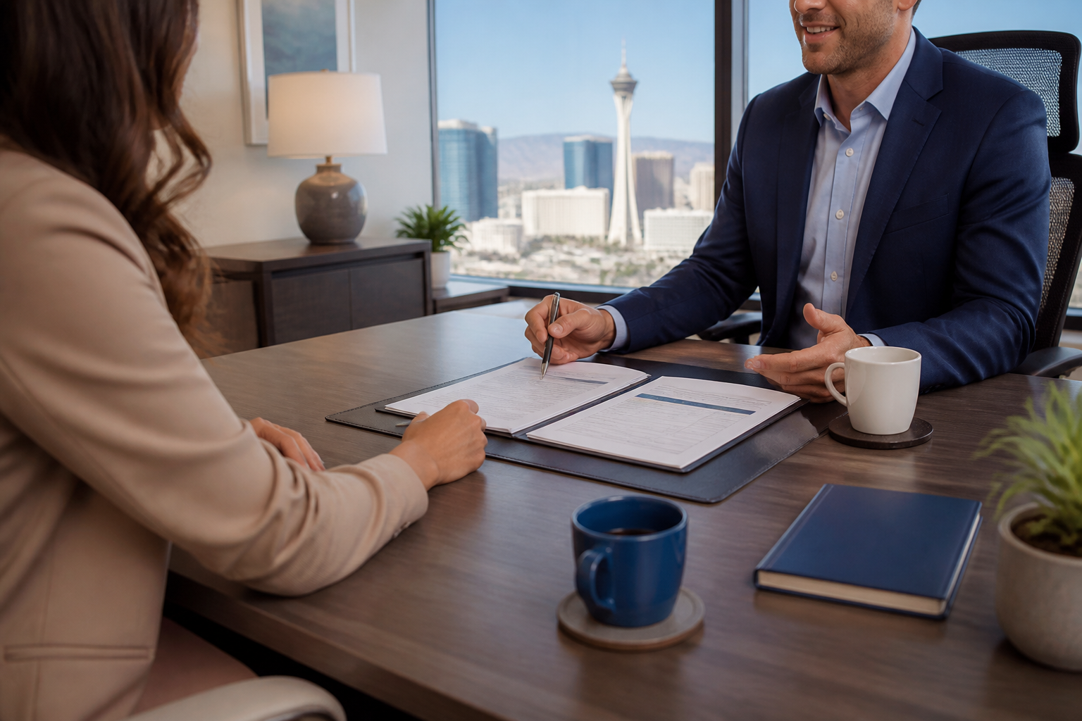 Local insurance consultation in a modern Las Vegas office with paperwork on a desk