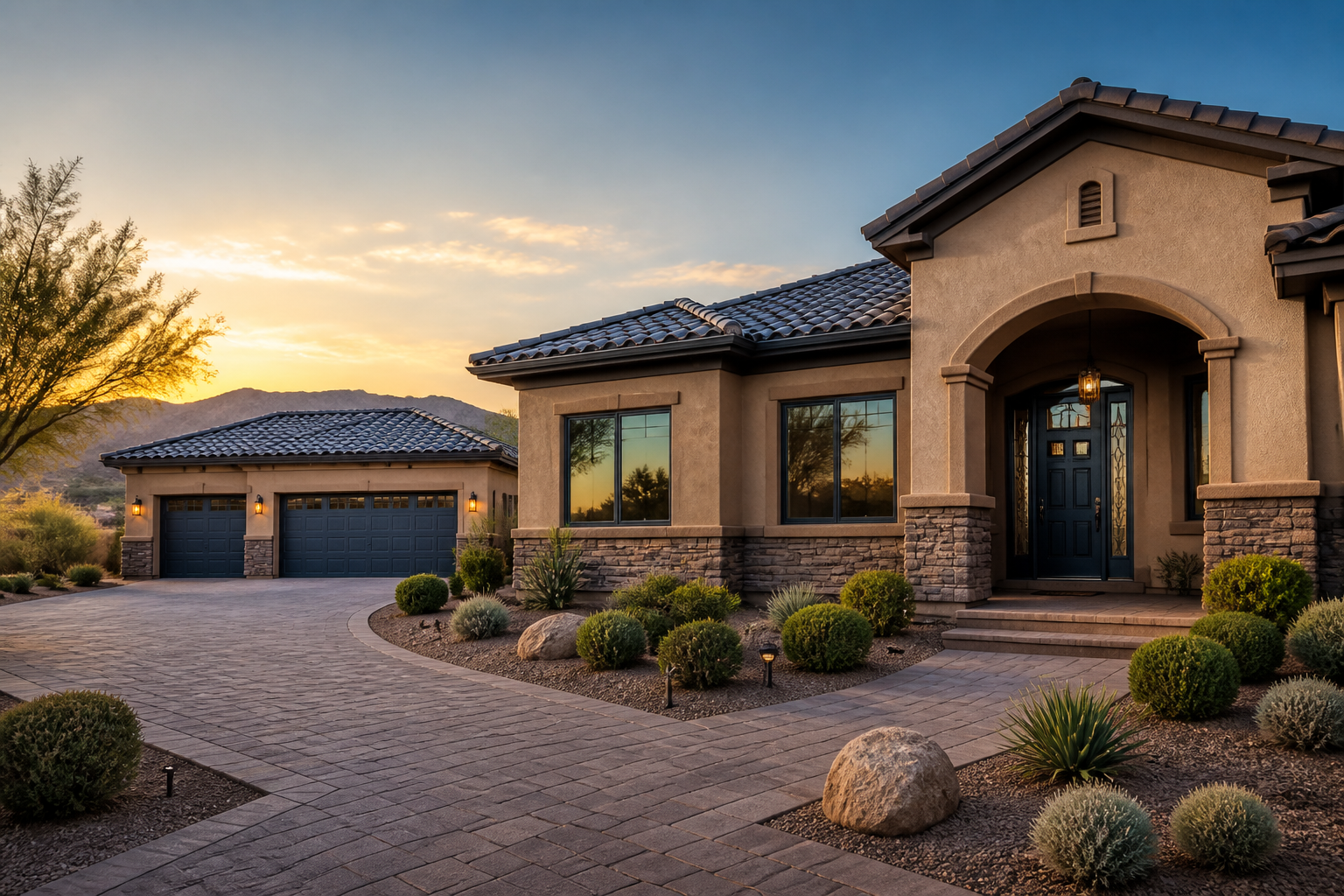 Well-kept Las Vegas desert home with a detached garage at sunset